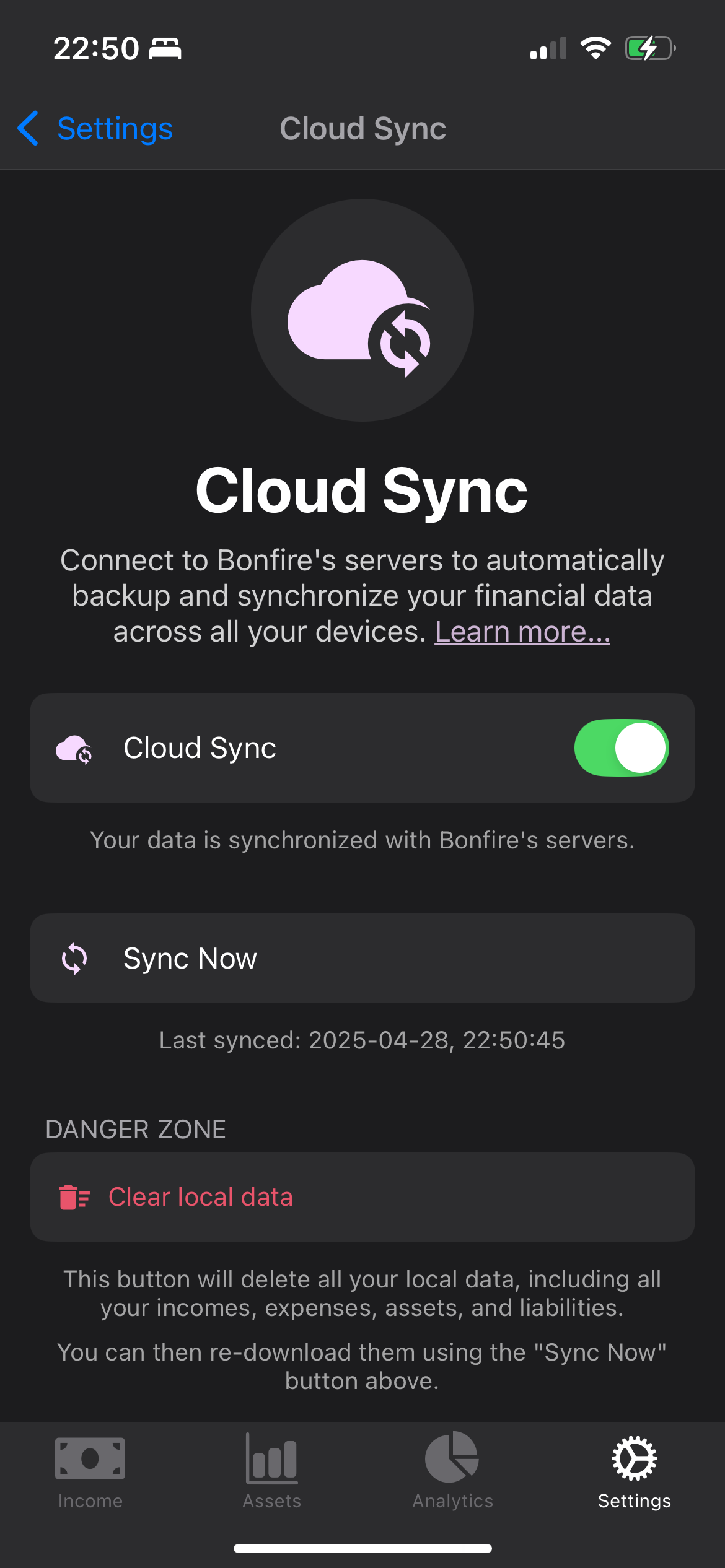 Cloud Sync settings screen